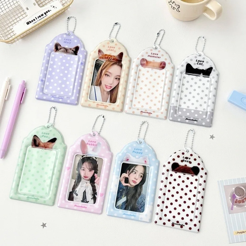 Cute PVC Photocard Holder with Chain Polka Dot Design Card Protector Animal Ear Print Bus Card Holder