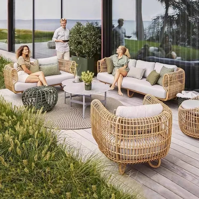 Outdoor rattan sofa coffee table combination courtyard garden terrace casual woven rattan chair outdoor waterproof