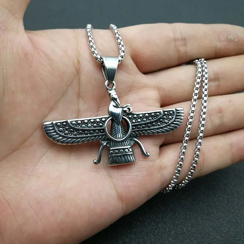 Vintage Punk Style Iran Faravahar Ahura Mazda Pendants Necklaces for Men Women 316L Stainless Steel Zoroastrian Jewelry Gift