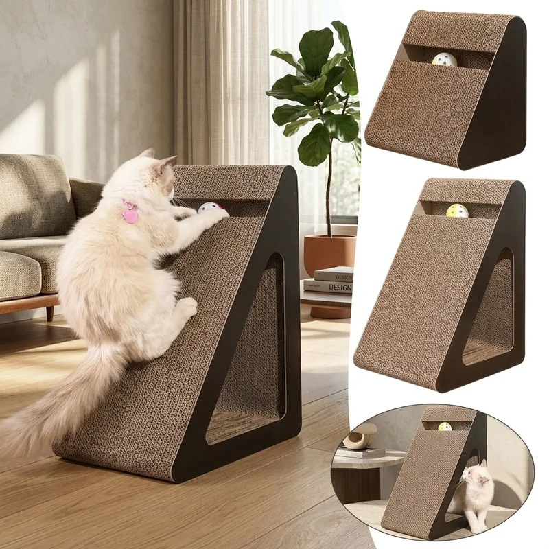 Arranhador para Gatos 2 em 1 em Cartão, Brinquedo Interativo com Bola Giratória, Almofada Durável para Arranhar para Gatos e Gatinhos de Interior, Alivia o Estresse