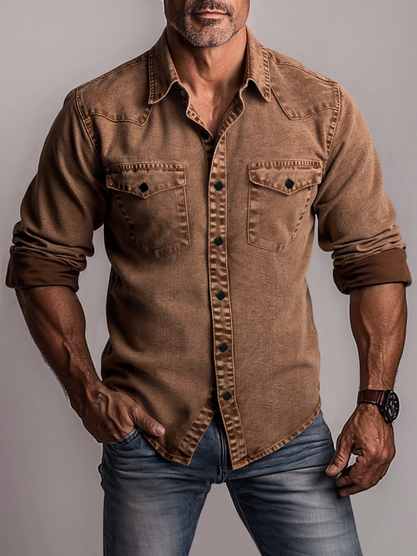 Men's Spring and Autumn Shirts - Vintage Distressed Denim Shirts, Long-Sleeved, Hand-Washed Workwear Style, Brown Shirt with Double Pockets and Diamond Buttons, Casual Outerwear and Innerwear for Multiple Scenarios,