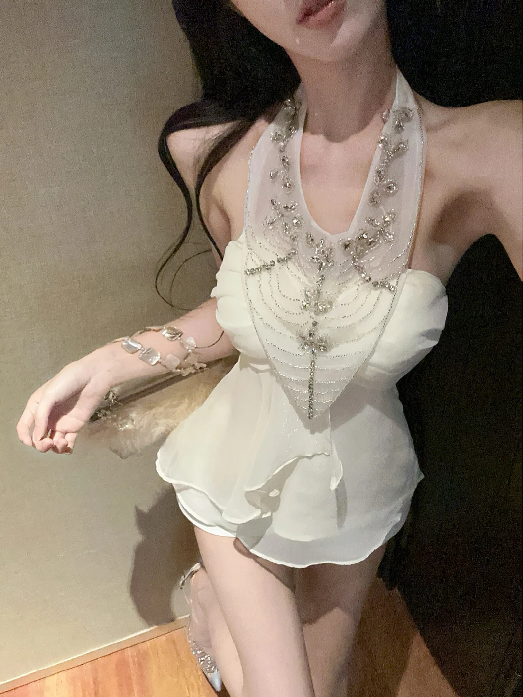 

Ele White Diamond Embellied Ne Hanging Chiffon Tube Top Women Winter Pure Desire Slimming Outerwear irt Women