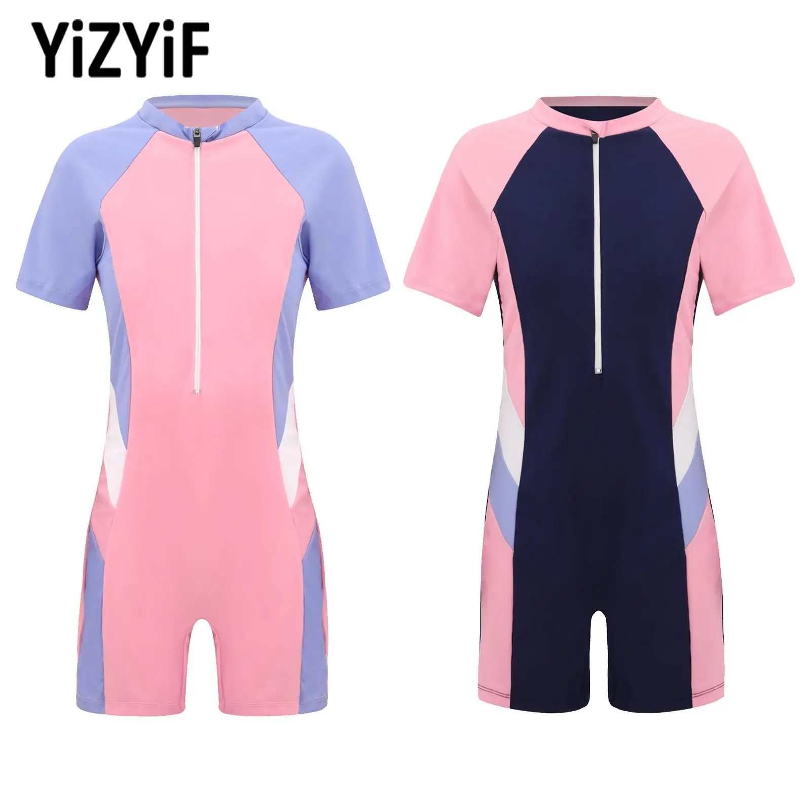 

Kids Girls Swimsuit Short Sleeve Zipper Jumpsuit Surfing Bathing Suit Sport Swimwear Pool Beach One-piece Rash Guard