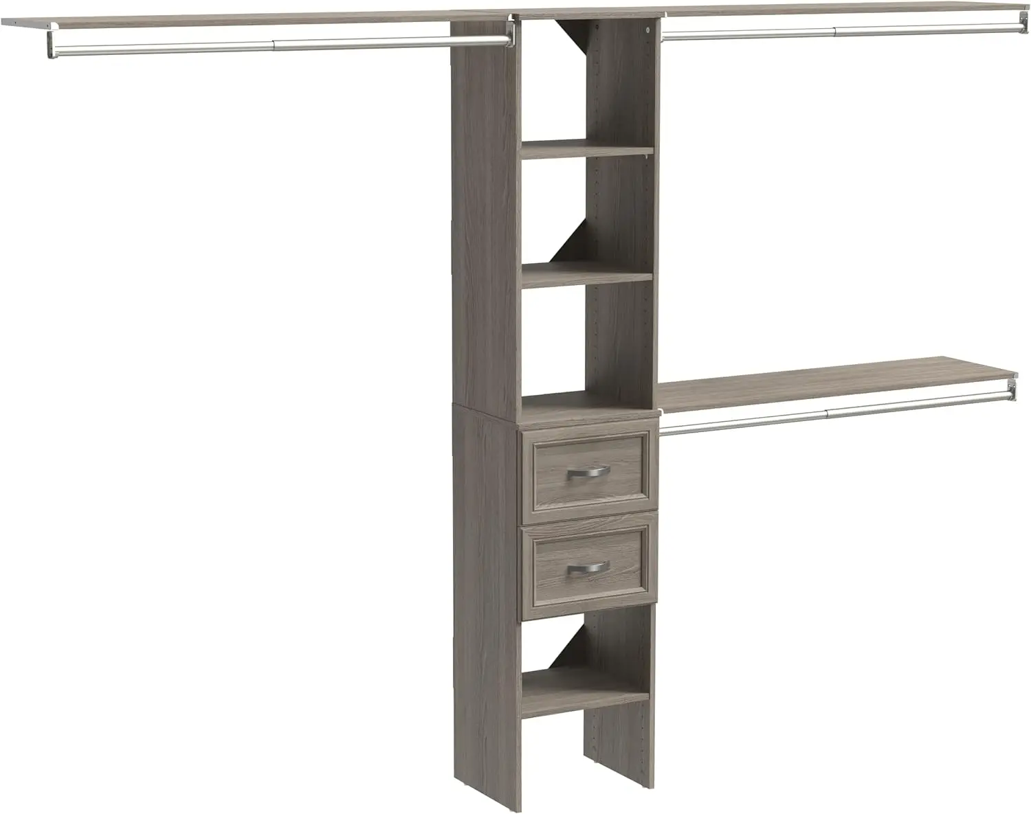 

Wood Closet Organizer Kit with Tower 3 Hang Rods, Top Shelves, 2 Drawers, Adjustable, Fits Spaces 5-9 ft. Wide, Graphite Grey