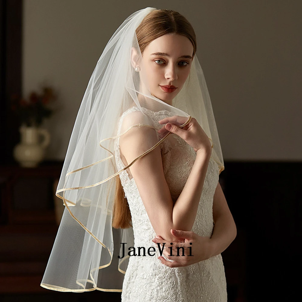 JaneVini 2024 Elegant Off White Short Bridal Veils with Comb Two Layers Champagne Edge Soft Tulle Veil Wedding Bride Accessories