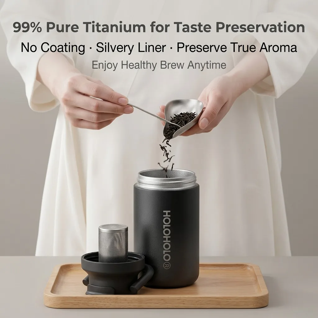 Taience 600ml Titanium Water Bottle Insulated Thermos with Ultra Fine Tea Strainer Pure Titanium Fresh Keeping for Travel