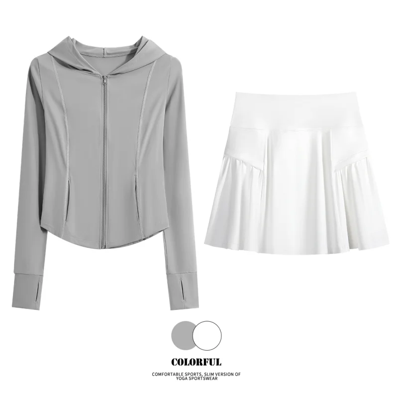 DRUR 2 Piece Tennis Skirts For Women With Long Sleeve Sports Jacket And Pleated Mini Skirt Set Lady Golf Yoga Outfits Streetwear