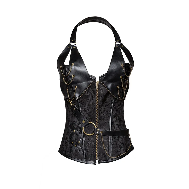 Zip Up Sexy Shaper Spiral Steel Boned Steampunk Goth Halter Leather Bustier Corset