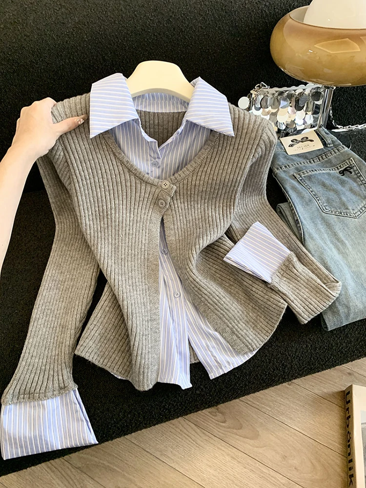 Fake two piece shirt women's autumn and winter new high-end French style slim fit color blocking commute knitted shirt