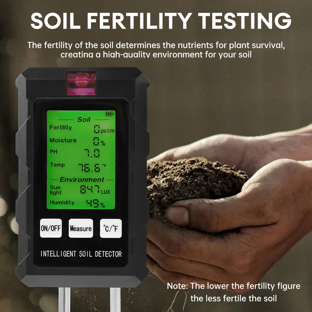 6 in 1 Soil PH Tester High Precision Fertility Meter with Backlight Display for Gardening Flower Grass Nutrient Water Detection