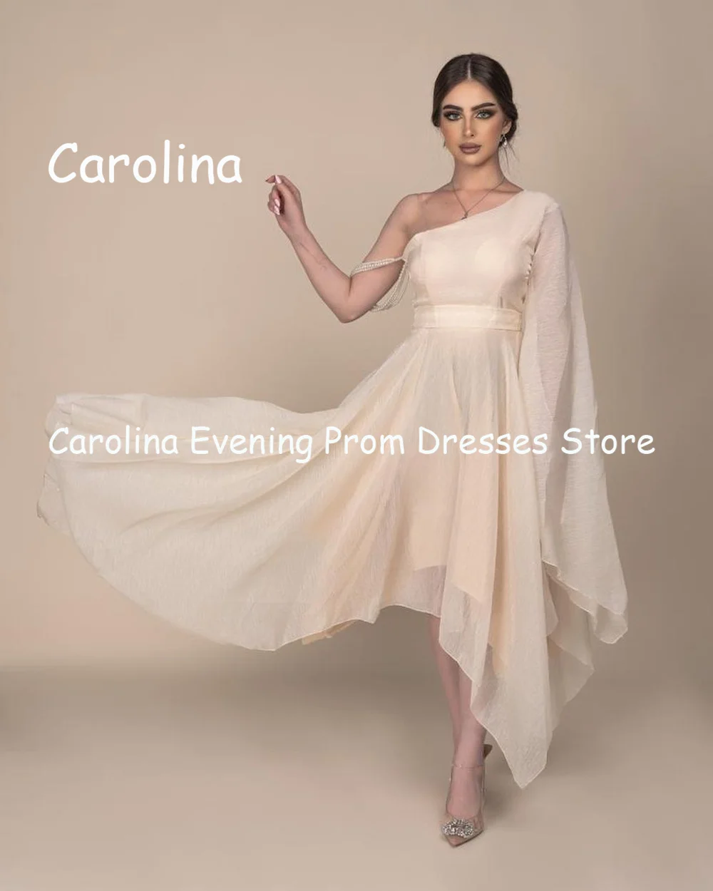 Carolina Chiffon A-line One-shoulder Ruffle Popular Prom Gown Tea Length Evening Formal Elegant Party Dress for Women 2023