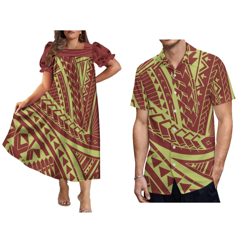 Alta qualidade mumu moda feminina vestido samoya fiji tonga maxi polinésia vestido tribal temperamento casal terno camisa masculina