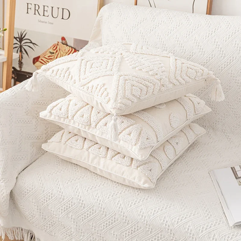 Tassels White Cushion Covers 45x45/30x50cm Cotton Pillow Cover Ivory Loop Tufted for Home Decoration Square Geometry Pillowcase