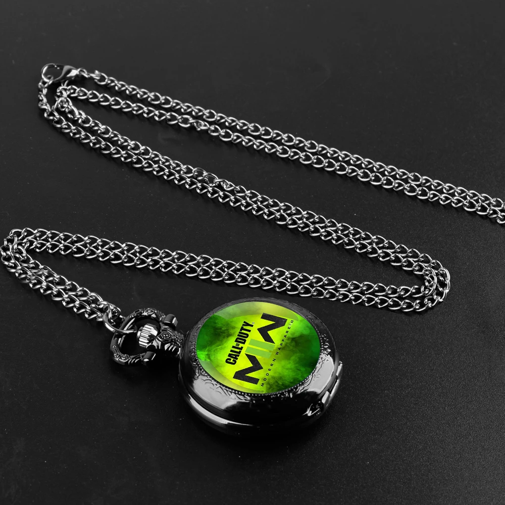 Vintage Black Call of Duty Ghosts Pocket Watch Necklace Quartz Movement with Chain Cool Gamer Accessory Gift for Men & Women