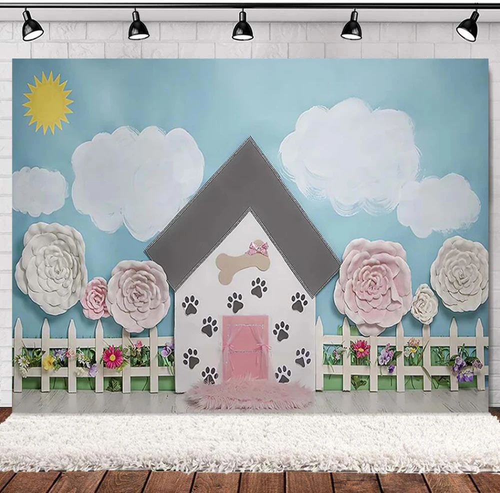 

Photography Backdrop Dog Home Garden White Clouds Kids Birthday Party Cake Smash Decor Photo Background Banner Studio Props