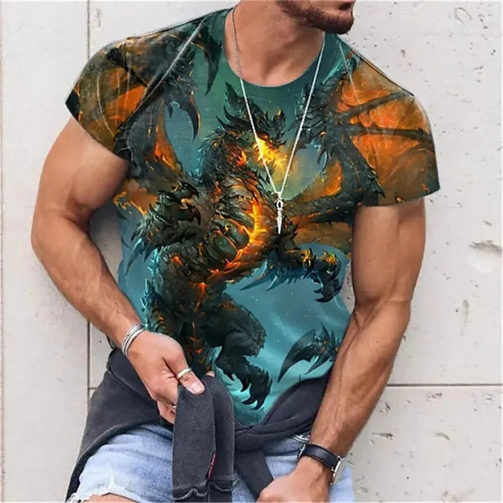 2024 New Summer Men\'s Round Neck Tops T-shirt Oversized Evil Dragon Print Pattern T-shirt Street New Fashion Short-sleeved Tops