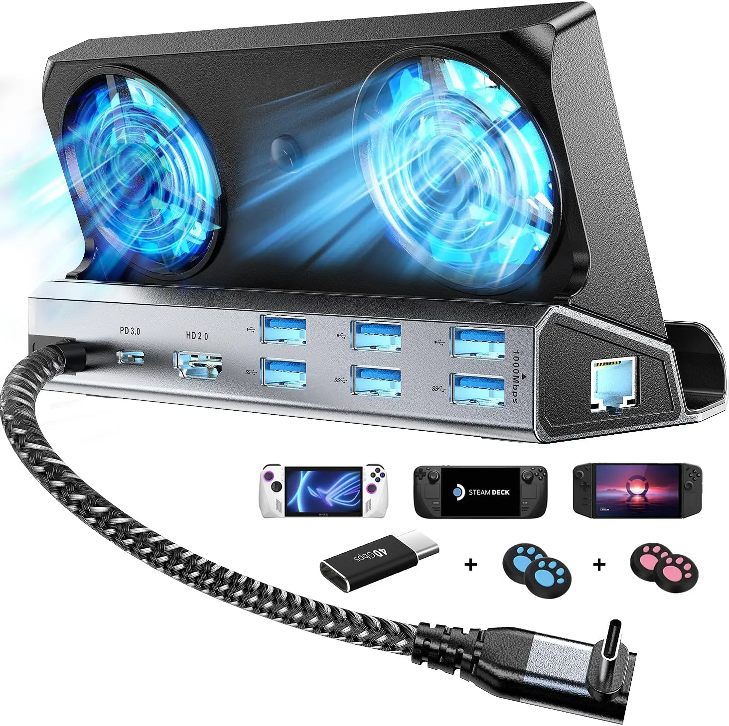 

Игровая док-станция 12-в-1 с двумя охлаждающими вентиляторами, 4K@60Гц, 6 USB-портами, Gigabit Ethernet и быстрой зарядкой