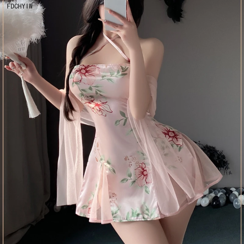 

Sexy Lingerie Uniform Temptation Chinese Printed Traditional Qipao Skirt Bandage Slim Fit Cheongsam Style Dress Pink 2025 New