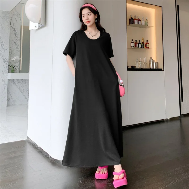 ฤดูร้อน Oversize สีทึบรอบคอแขนสั้นเสื้อยืดผู้หญิงแฟชั่นหลวมสบายๆ A-Line ชุดยาว