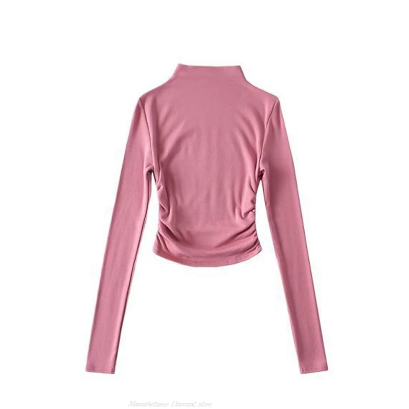 T-shirt a collo alto a maniche lunghe da donna autunno inverno a coste a maglia attillata Sexy Slim aderente Casual Basic Tee Crop top T-shirt corta