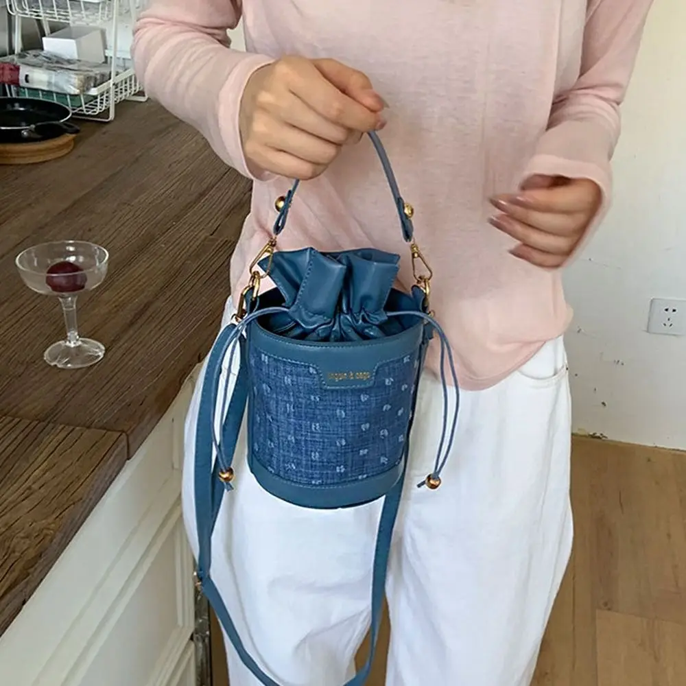 

Korean Style Drawstring Bucket Bag Handbag Cylindrical Pu Shoulder Bag Solid Color Handheld Vegetable Basket Bag Office Worker