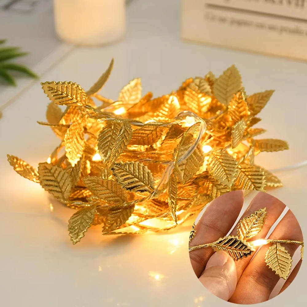 1pc Warm Light 1-5m Simulated Golden Leaf Decorative String Lights Birthday Parties Ramadan Holiday Decorative String Lights