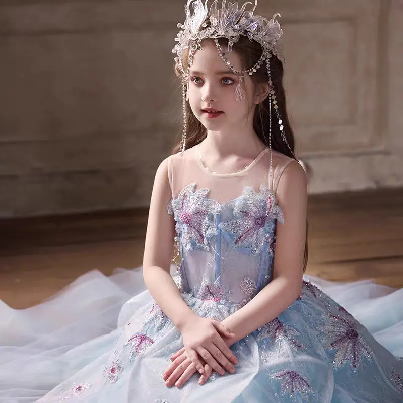 Jill Wish J392 Luxury Beaded Blue Flower Girl Dress Crystal A-Line for Kids Princess Wedding Pageant Birthday Party Prom Gown