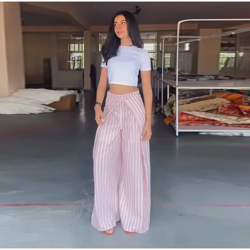 Casual Striped Women's Trouser Lace-Up Adjust Belt High Waist Wide Leg Pants 2026 Summer Autumn Fashion Female Street Trousers