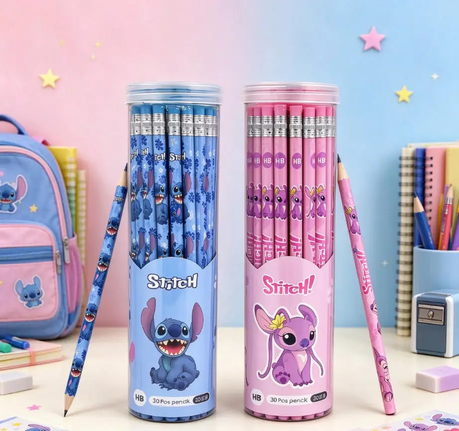 1 Bucket Of 30 Disney Stitch HB Pencils With Rubber Heads, Student Writing Pencils, Office Supplies, Stationery Gifts.