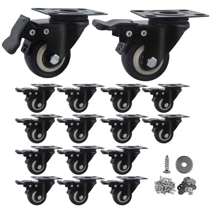 

2 Inch Caster Wheels Set of 16 Heavy Duty Casters,with Brake,No Noise Locking Polyurethane PU Wheels, for Furniture and Workbenc