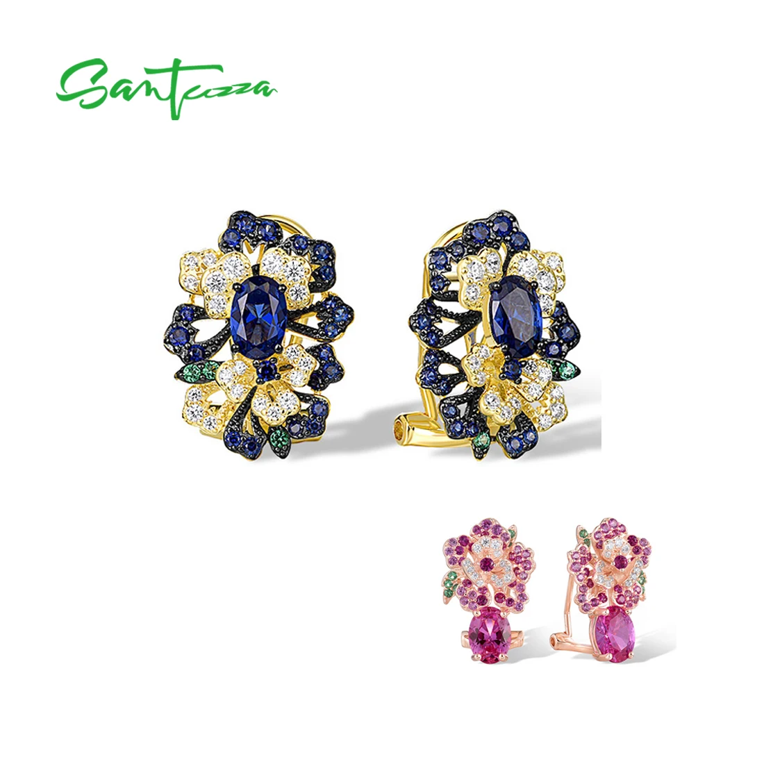 SANTUZZA 925 Sterling Silver Clip Earrings For Women Created Pink Sapphire Blue Spinel Cluster Flower Fantastic Fine Jewelry