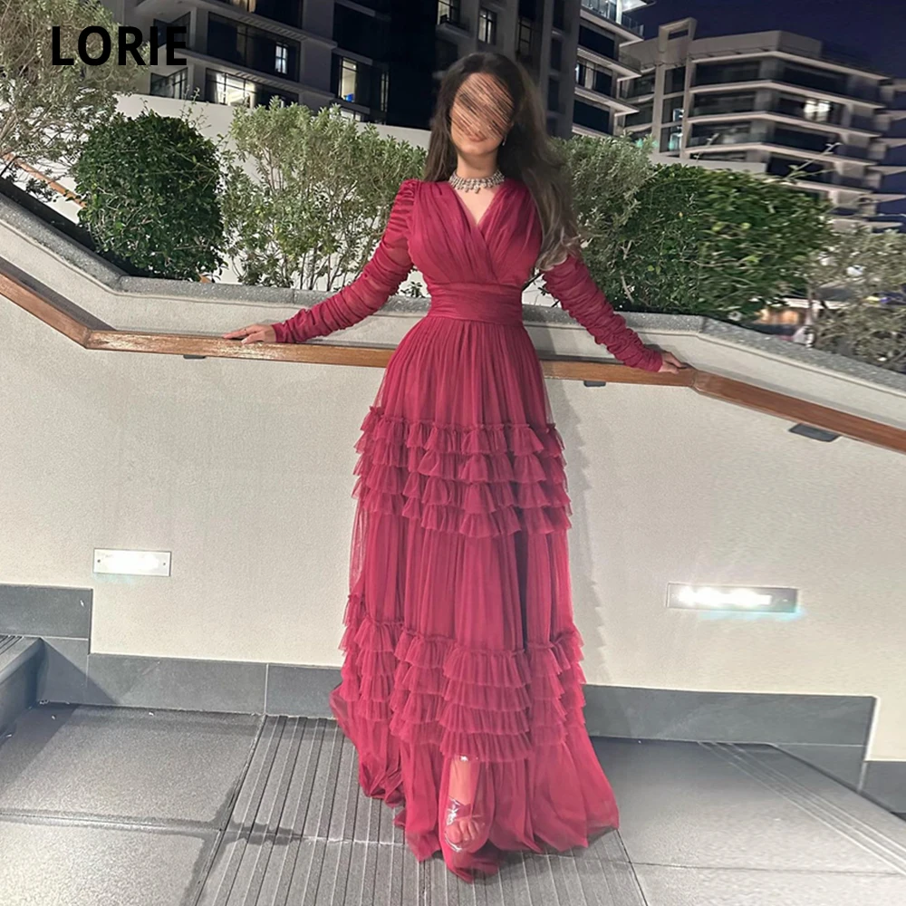 

LORIE Prom Dresses Arabic Dubai Evening Gowns Burgundy Ruched Tiered Tulle Long Celebrity Party Dress Formal Occasion Dresses