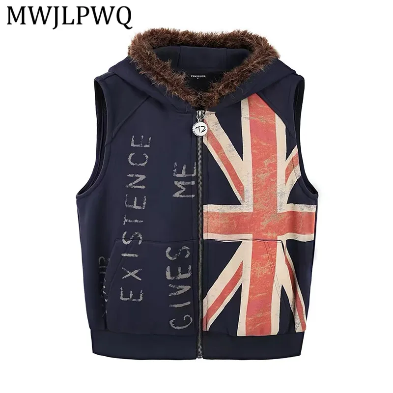 

MWJLPWQ Rough Edge Hooded Printed Vest Jacket Men's Zipper Cardigan Sleeveless American Vintage-Style Tops For Men Women 16325