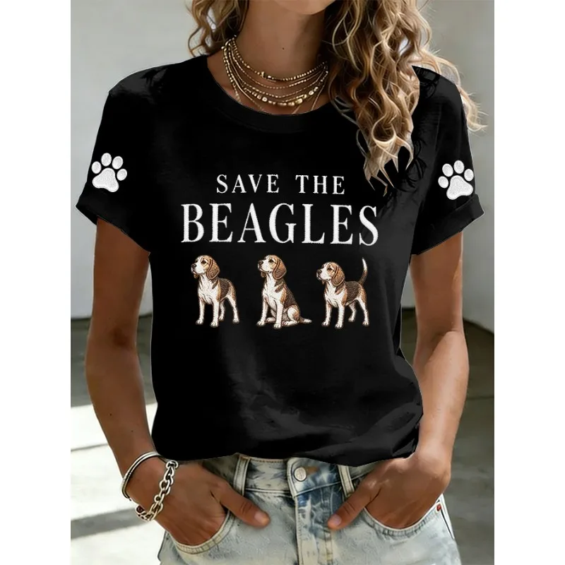 ilstile Women's Save The Beagles Print T-Shirts Summer Short Sleeve T Shirt Casual Round Neck Tops White Black Tees New Arrival