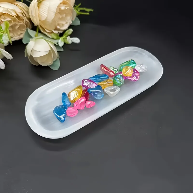 1pc Selenite Bowl Plate Ornament, Irregular Oval Carved Quartz Crystal, Crystal Storage Decoration, Gift for Friend Crystal