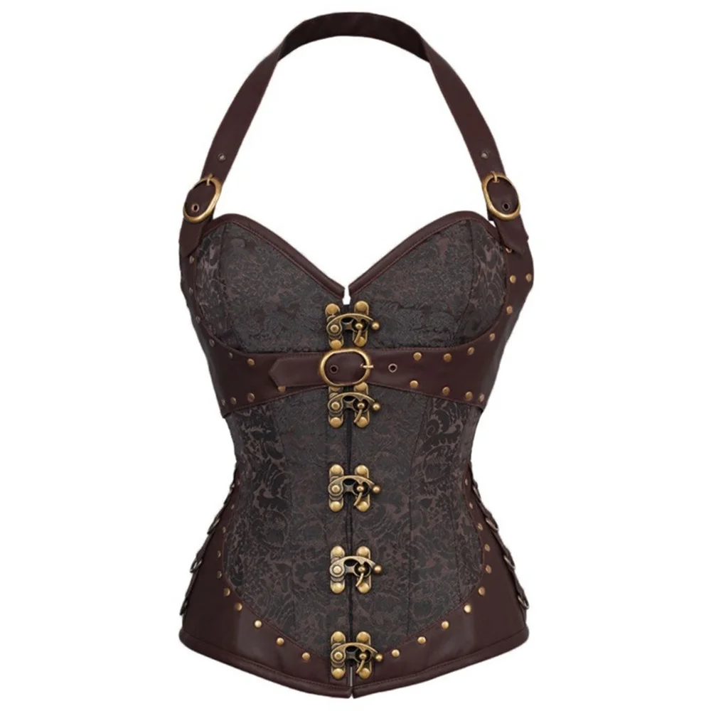 Women Gothic Retro Steel Bone Halter Corset Top Lingerie Sexy Overbust Body Shaper Lace-up Bodice Steampunk Burlesque Shapewear
