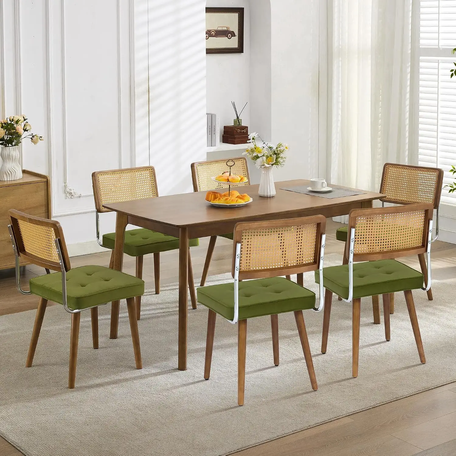 Set of 2 Mid-Century Rattan Velvet Dining Chairs, Boho Upholstered Seat, Handwoven Rattan Cane Back Dining Chairs, High-density Foam Padded Seat, Solid Rubberwood Frame, Anti-slip Foot Pads for Living Room, Dining Room, Lounge