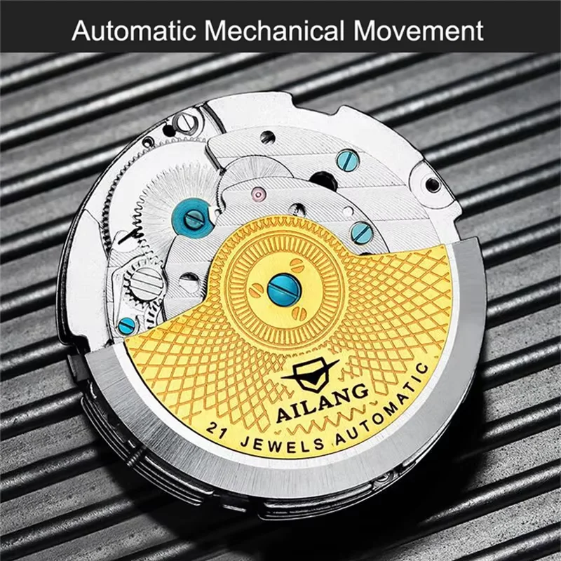 Stainless Steel AILANG Mechanical Automatic Watch with Moon Phase Stainless Steel Band 3Bar Water Resistant Business Watch Male