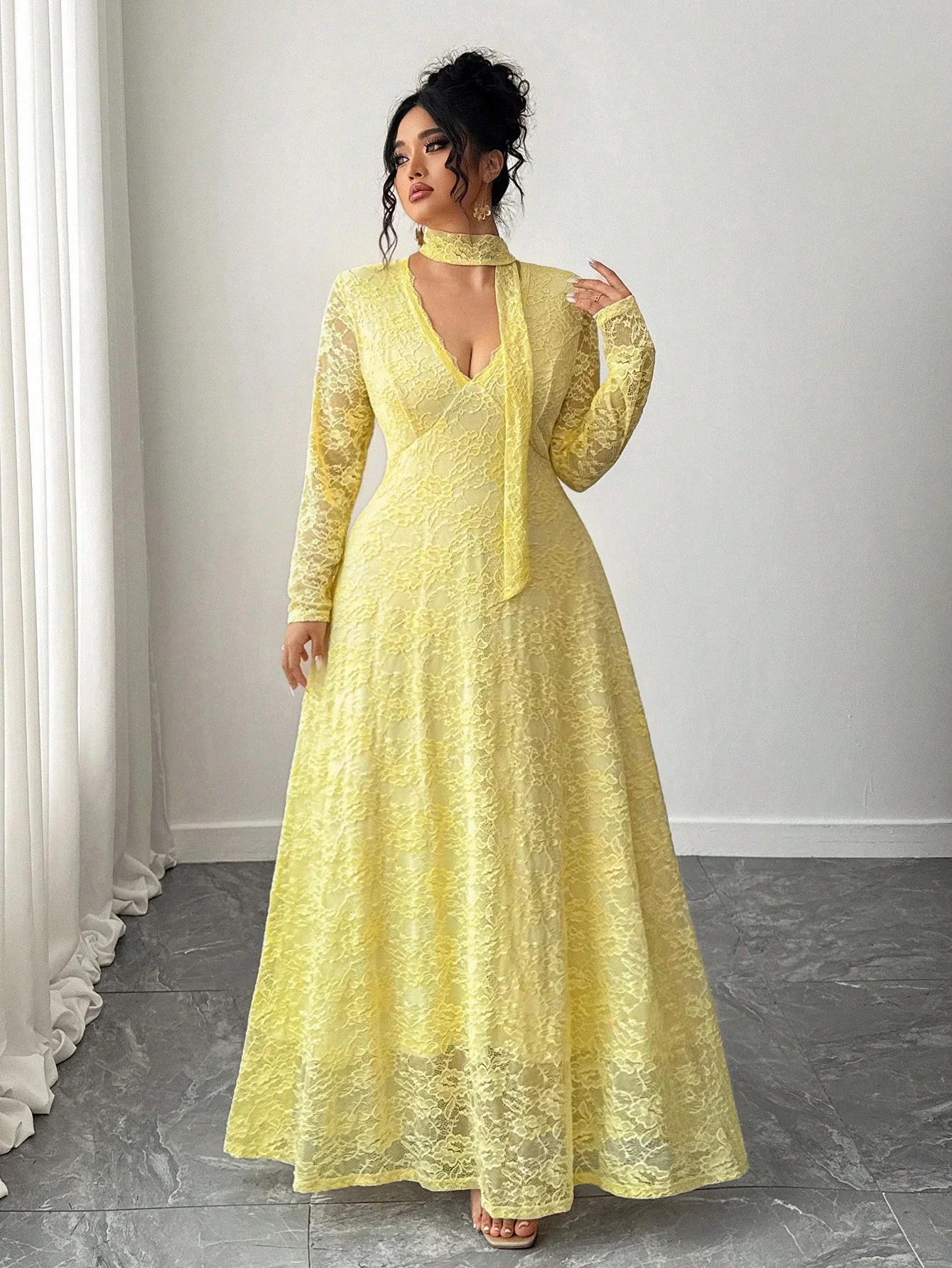 

Yellow Lace Long Sleeve Floor Length Dress For Women