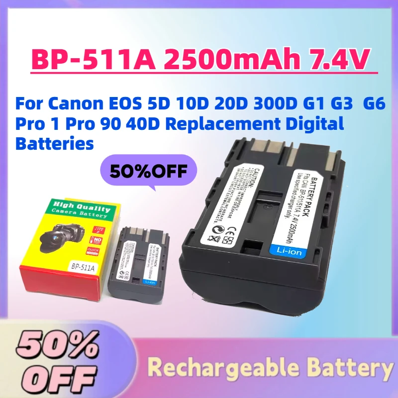 

В наличии: Новая аккумуляторная батарея BP-511A 2500 мАч 7.4В для Canon EOS 5D, 10D, 20D, 300D, G1, G3, G6, Pro 1, Pro 90, 40D. Сменные цифровые батареи.