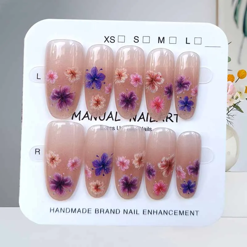 10 pièces doux Style féerique Dopamine crème fleur Nail Art presse sur les ongles amande Patch pour ongles oeil de chat tranches d'ongles faux ongles Art