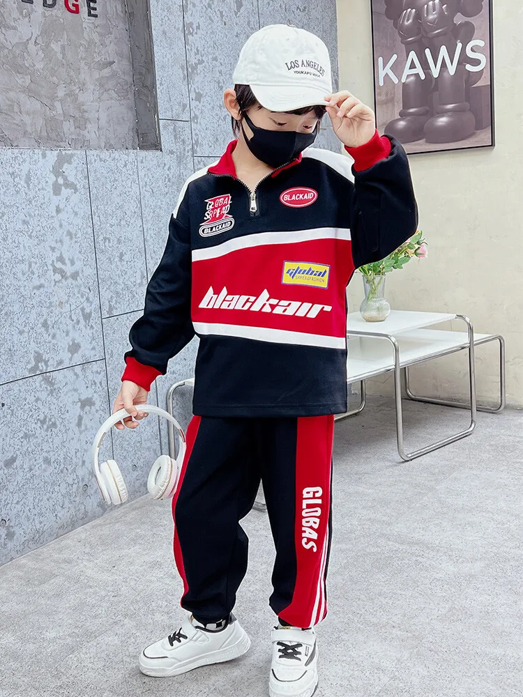 

Autumn Children Boy Clothes Set Kid Letter Printed Zip Sweatshirts Top and Pants Bottom 2pc Suit Long Sleeve Motorcycle Uniform