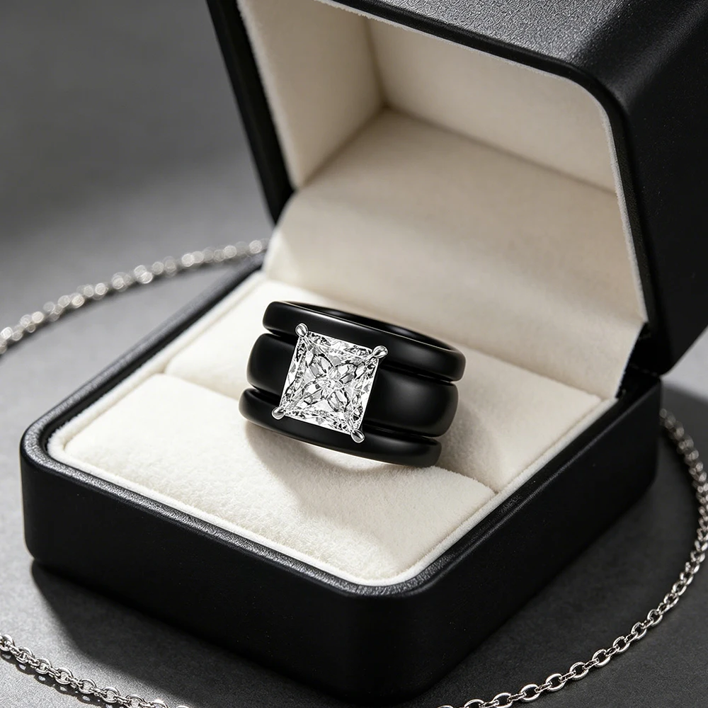 Princess Cut Cubic Zirconia Ring with 3-Layer Black Ceramic Band, Modern Chunky Silver Plated Statement Ring, Bridal Promise Jew