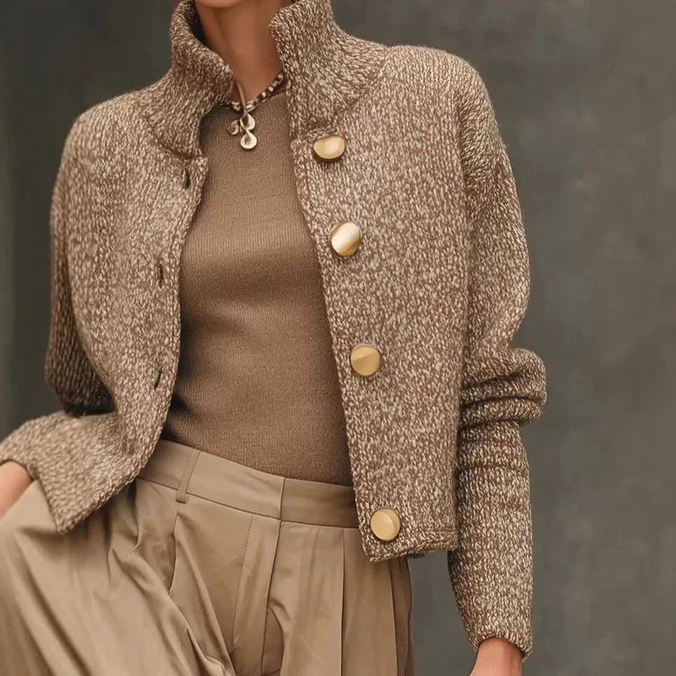 موضة عالية الرقبة زر سترة متماسكة سترة المرأة 2025 الخريف الشتاء طويلة الأكمام سترة معاطف عادية