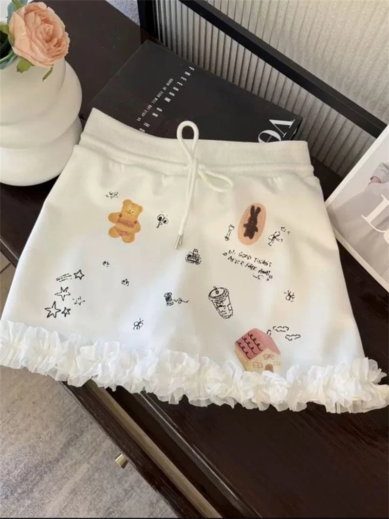 

Cute Graffiti Print Half Skirt Women's Sweet Youth Reducing A-Line Lace Trim Short Skirt Commute Korean Style High Waist