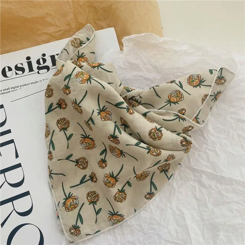 Floral Print Cotton Scarf Vintage Floral Square Scarf Neck Warmer Silk Scarf Tie Summer Spring Cotton Cloth Artistic Necktie