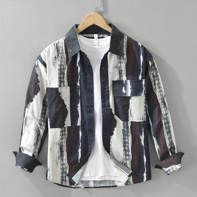 

Весенне-летние новые мужские полосатые рубашки с длинным рукавом, японская модная уличная одежда, повседневные рубашки из чистого хлопка, молодежный литературный топ в стиле ретро