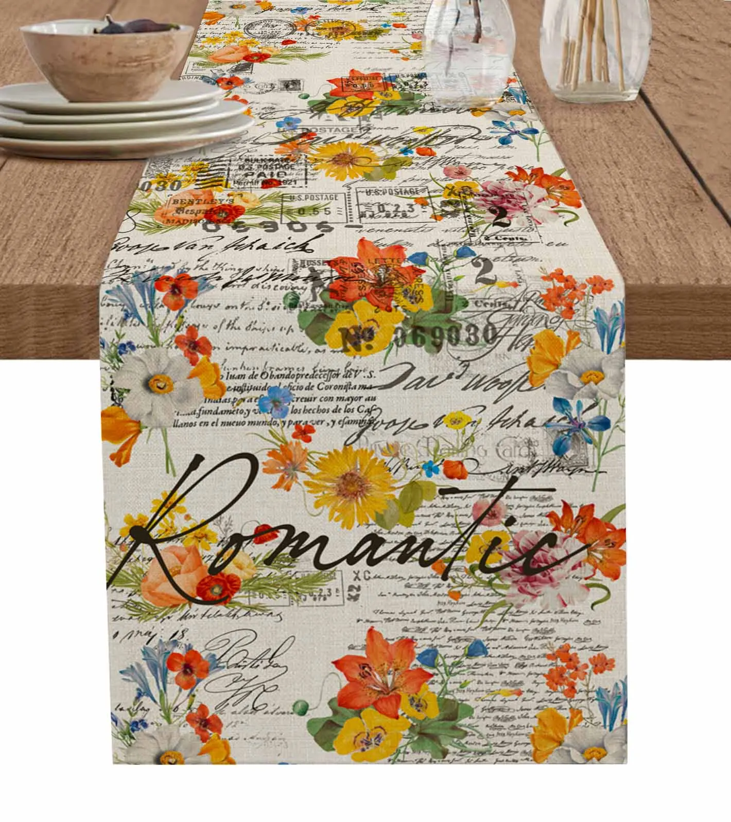 Retro Illustration Flower Envelope Postmark Tablecloth Wedding Decor Party Table Runners Kitchen Dining Table Cover Tablemats