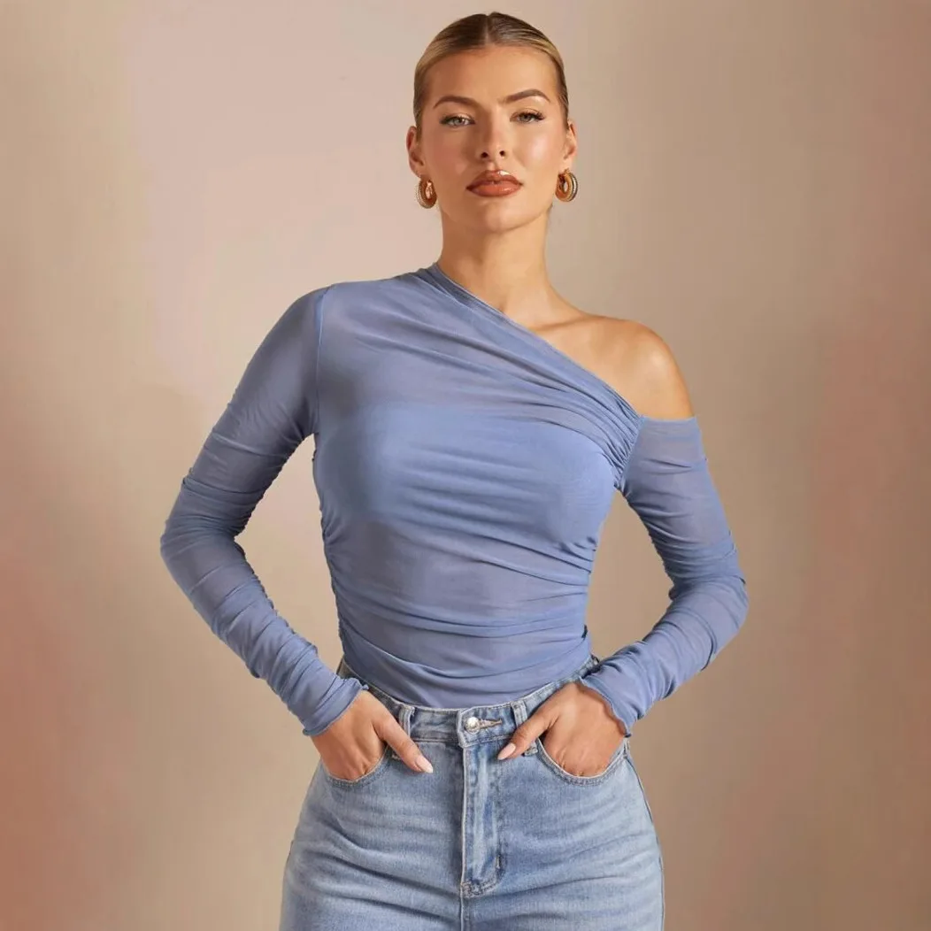 Women Spring Autumn One Shoulder Long Sleeve Pleated Slim Mesh Pullover Tops