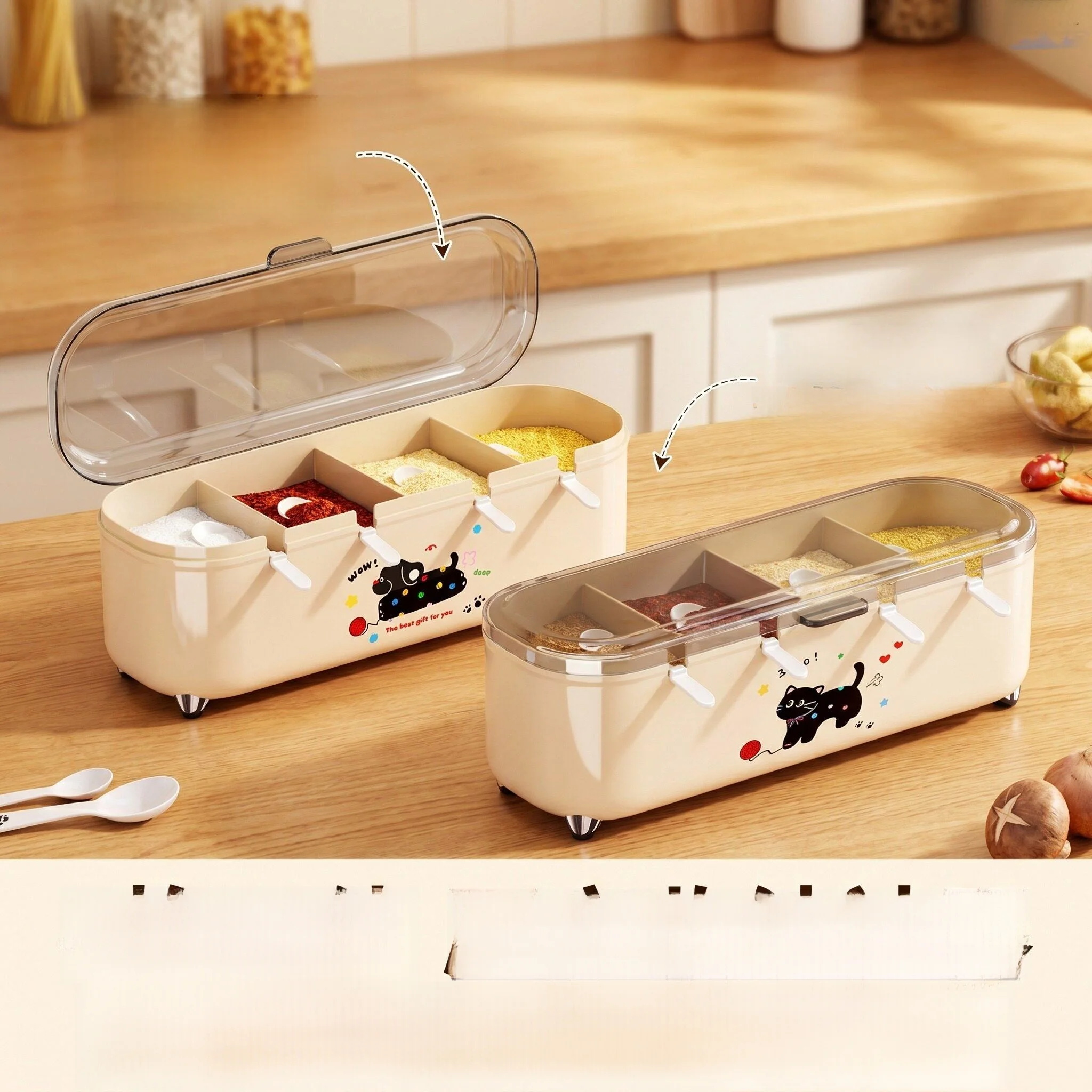 

Outdoor Portable 4 Grids Integrated High End Kitchen Spice Box Set for Home Use Nordic Style Square Plastic Non